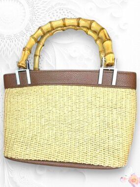 Sunny Hawaii Straw Mini Tote Bamboo Handles Tan Brown 9x5x2.5" 1H